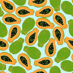 Orange, green papaya pattern on a pale blue background. Exotic summer Hawaiian fruits. Seamless design for web and print. Fashion vector drawing.