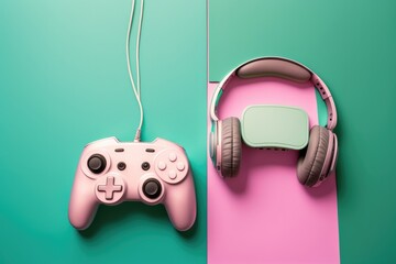 Gamepad and headphones on a green and pink background