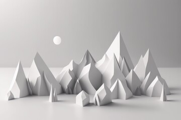 Abstract 3d rendering of low poly landscape with white mountains, moon and sun