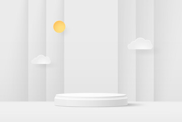 3d White Podium Showcase with Clouds and Sun Paper Cut Style. Vector Paper Art Illustration. Eps10 