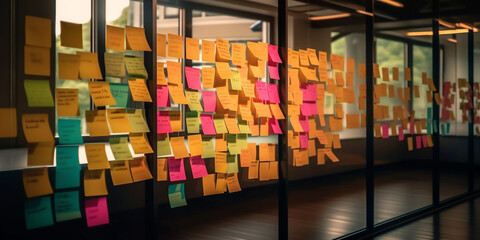 Sticky notes on glass wall in the office for business brainstorming concept. Generative Ai - 584759508
