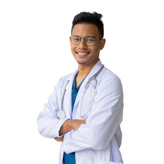 close up professional doctor indian man smile and arm crossed isolated on transparent background...