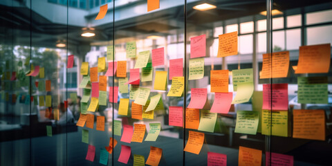 Sticky notes on glass wall in the office for business brainstorming concept. Generative Ai - 584759517