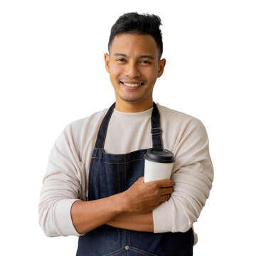 close up asian man barista arm crossed and smile during standing on transparent background for SME business and png design concept