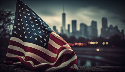 American flag in the city with blur background, memorial day. - obrazy, fototapety, plakaty