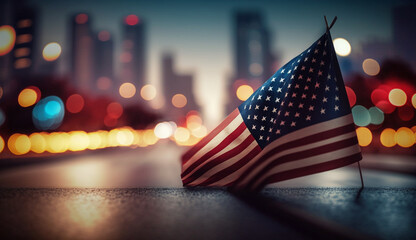 American flag in the city with blur background, memorial day. - obrazy, fototapety, plakaty