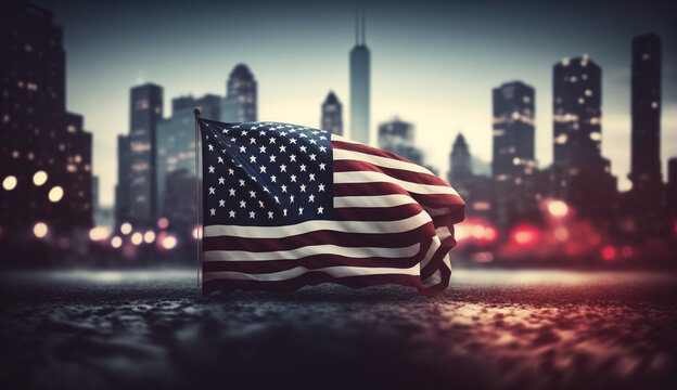American flag in the city with blur background, memorial day.