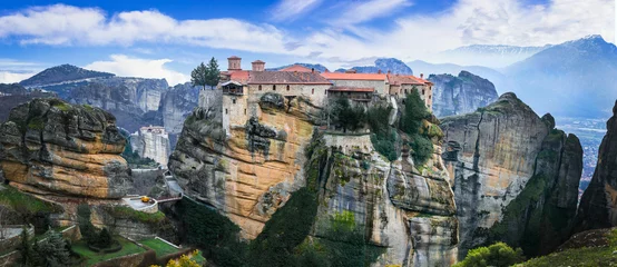 Gordijnen Mysterious monasteries hanging over rocks of Meteora, Greece - most famous landmarks and beautiful places © Freesurf
