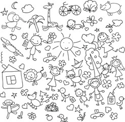 A set of children drawings. Kid doodle. Sun in the clouds, summer flowers and trees, painted houses, cute cat and other black white elements. Vector illustration on white background.