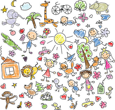 A set of children drawings. Kid doodle. Sun in the clouds, summer flowers and trees, painted houses, cute cat and other black white elements. Vector illustration on white background.