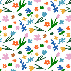 Abstract matisse inspired seamless pattern with colorful freehand doodles, tulips, flowers, stars. Organic flat cartoon simple random shapes in bright colors. 