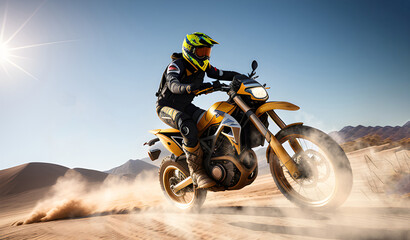 sports motorcyclist racing off-road in the desert. generative ai