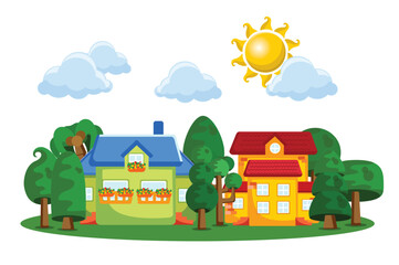 Various small tiny houses, trees and mountains. Paper cut style. Flat design. Hand drawn trendy illustration. Big colored vector set.