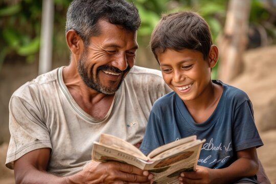 A happy father reading the Bible book to his son in the nature Generative AI Illustration