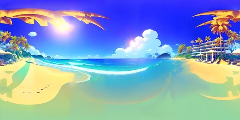 Fototapeta na wymiar Photo of a beautiful tropical beach scene with palm trees and clear blue water