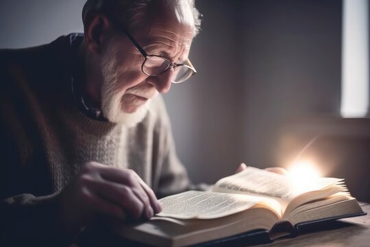 A religious old man reading and studding the bible with blurred background Generative AI Illustration
