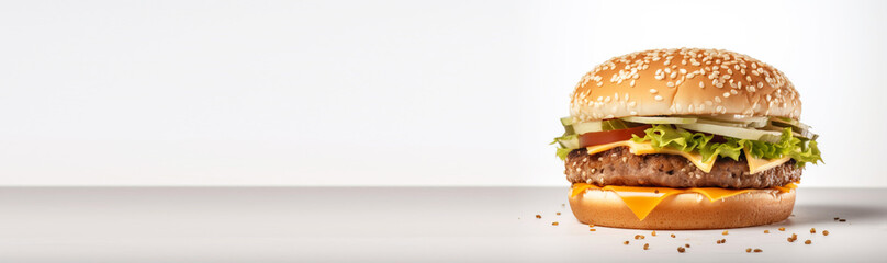 Delicious burger with beef cutlet, melted cheese on a white background. AI generated. Header banner mockup with space.