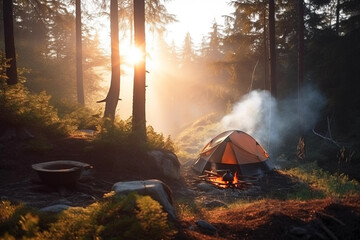 A tent in the forest in the summer by a fire with a pot from which steam comes from food. AI generated.