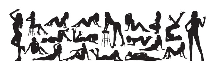 Sexy woman various poses silhouettes set. Shape of beautiful girls posing and dancing vector.