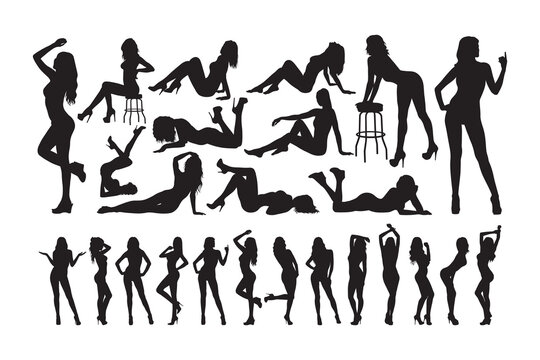 Set Of  Sexy And Sensual Women Posing Silhouette Vector.