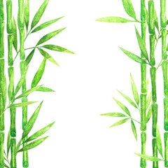 Hand drawn watercolor bamboo cane green lush foliage tropical leaves on both side mock up with copy space.Isolated on white, web design element for cards, invitations.