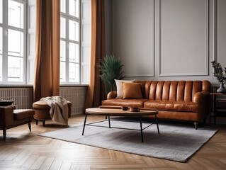 wall mock-up of a living room with a leather sofa Generative AI