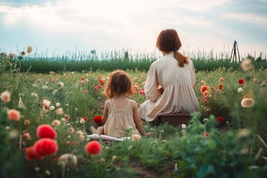 On Mother's Day, mother and daughter sit in a meadow of flowers at noon. Fictional person created with generative AI.