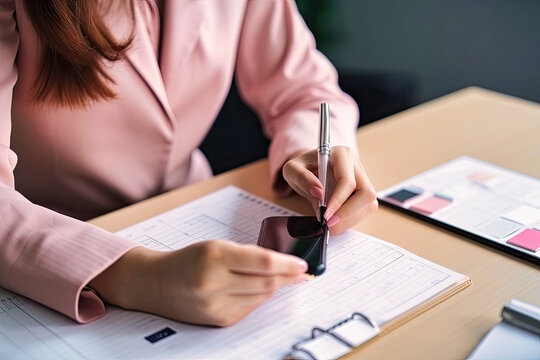 Event planner timetable agenda plan on organize schedule event. Business woman using mobile phone and taking note on calendar desk on office table - Generative AI