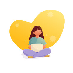 Vector illustration flat design. Person with a book and notebook. Student girl. Books and coffee. Education. Woman working on laptop in office.