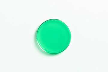 Petri dish with green liquid. On a white, light background. View from above.