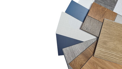 interior materials sample design swatch for selection including wooden vinyl floorings, engineering floorings, blue and fabric laminateds stone tiles isolated on background with clipping path. 