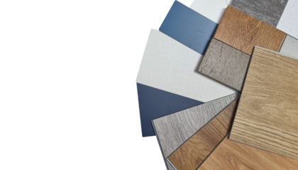 interior materials sample design swatch for selection including wooden vinyl floorings, engineering floorings, blue and fabric laminateds stone tiles isolated on background with clipping path. 