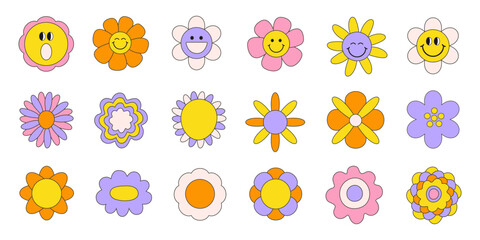 Groovy retro set funny cartoon flowers isolated on a white background. Trendy sticker plants pack in  psychedelic style 60s, 70s. Vector illustration 