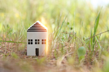 Fototapeta na wymiar Concept image of a small house in nature. Idea of ecology, solar energy, and sustainability