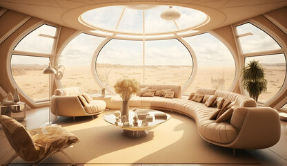 Luxurious living room on a space ship view of the earth and the stars beyond generative ai
