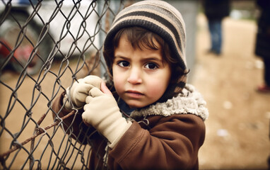 Young boy gripping a fence, capturing the sense of confinement and yearning of refugees in camps. Palestine - obrazy, fototapety, plakaty