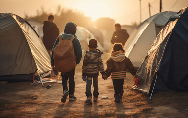 Whole family immigration illustration, social problems concept. Children walking in a refugee camp at sunset, highlighting the resilience and challenges of displaced youth.
