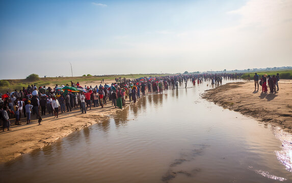 Vast group of individuals crossing a shallow riverbed, symbolizing the lengths refugees go to find safety.