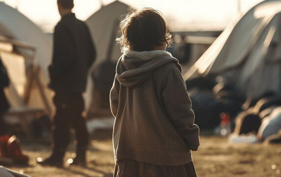 Child observing a camp setup, highlighting the challenges faced by displaced individuals.