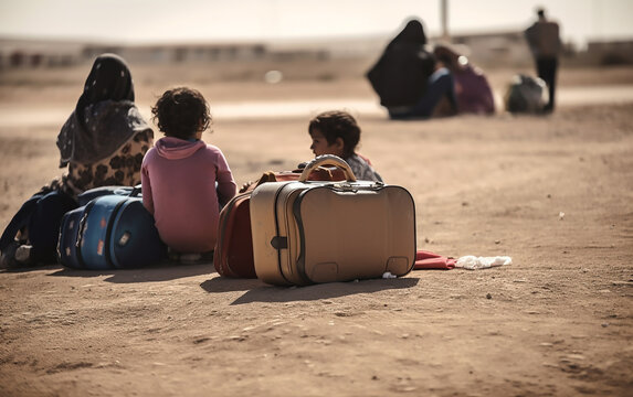 Refugees with suitcases on the road, immigration problem concept.