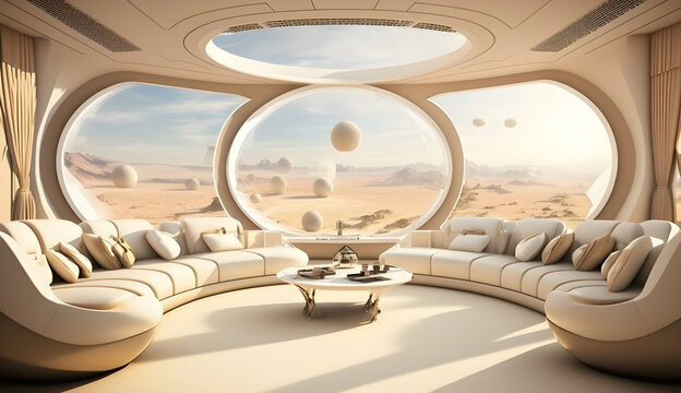 Luxurious living room on a space ship view of the earth and the stars beyond generative ai