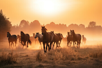 Fototapeta na wymiar Horses run on the meadow, generative AI