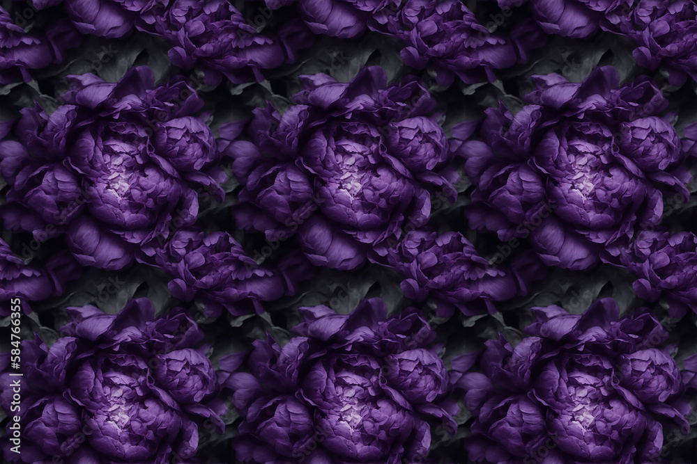 Wall mural Seamless pattern with baroque purple peonies on a black background, moody muted colors. Generative AI