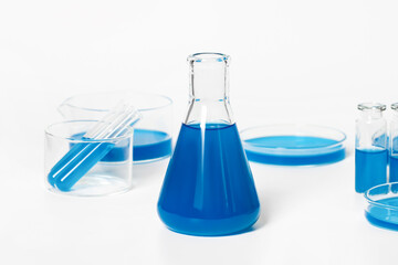 Flask for the laboratory with a blue, blue liquid. Against the background of laboratory glassware. Petri dishes, flasks, test tubes. On a white, light background.