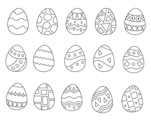 Set of 15 Easter eggs with different abstract patterns. Doodle vector black and white illustration.