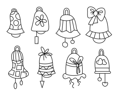 Set of eight different bells. Doodle vector black and white illustration.