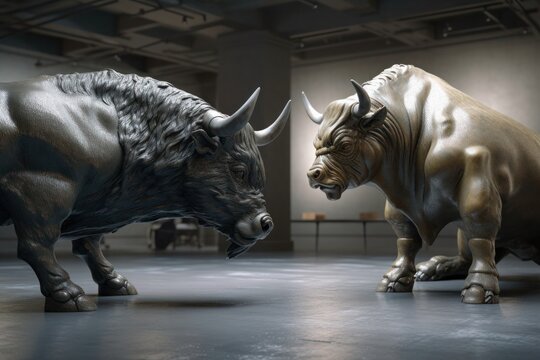 Exchange bulls statues trading market stocks bronze finance symbol generative ai