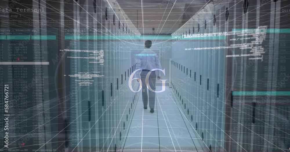 Poster animation of data processing and hacker over caucasian businessman in server room