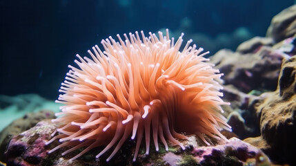 Naklejka na ściany i meble Red sea anemone deep in the ocean. Generative AI