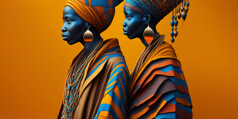 portrait of two black woman with traditional african headdress, fictional persons created with generative ai